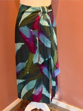 Banana Republic Multicolor Leaf-Print Wrap Midi Skirt - Teal, Magenta, Olive
